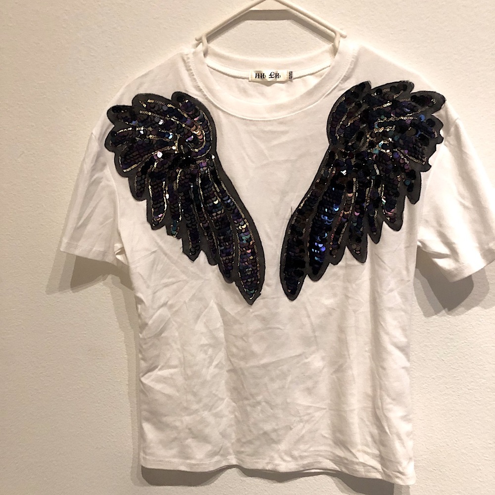 White Sequin Angel Wings T-shirt